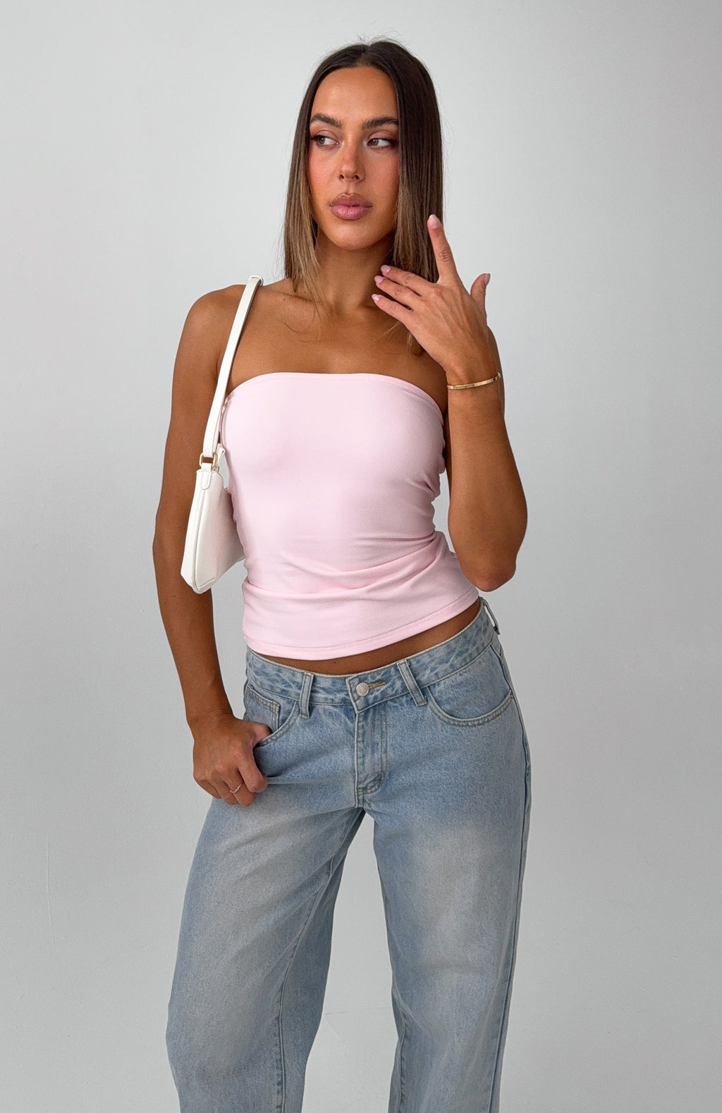 White Fox Tiny Drama Strapless Top Baby Pink