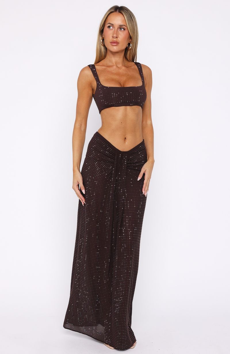 White Fox Secret Kisses Embellished Maxi Skirt Chocolate