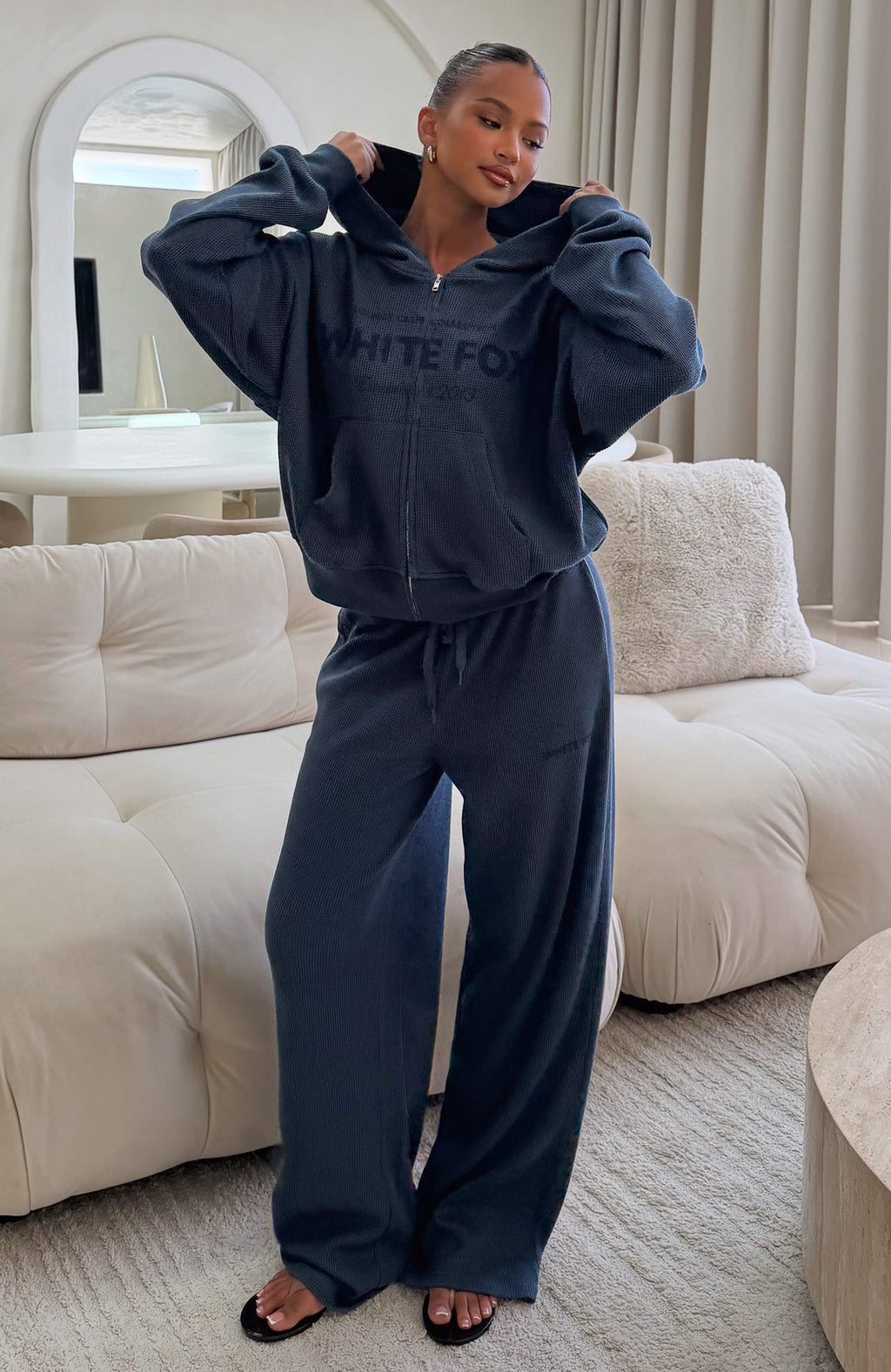 White Fox Leave Me Out Of It Waffle Wide Leg Sweatpants Navy