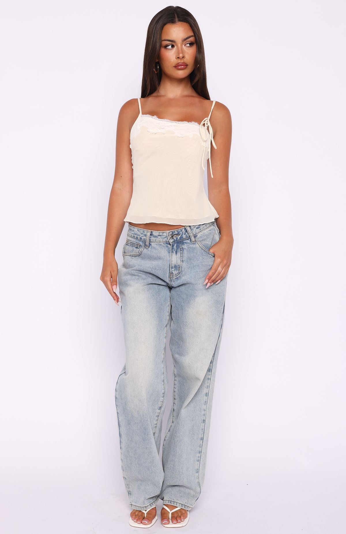 White Fox Blissfully Bold Lace Cami Top Cream