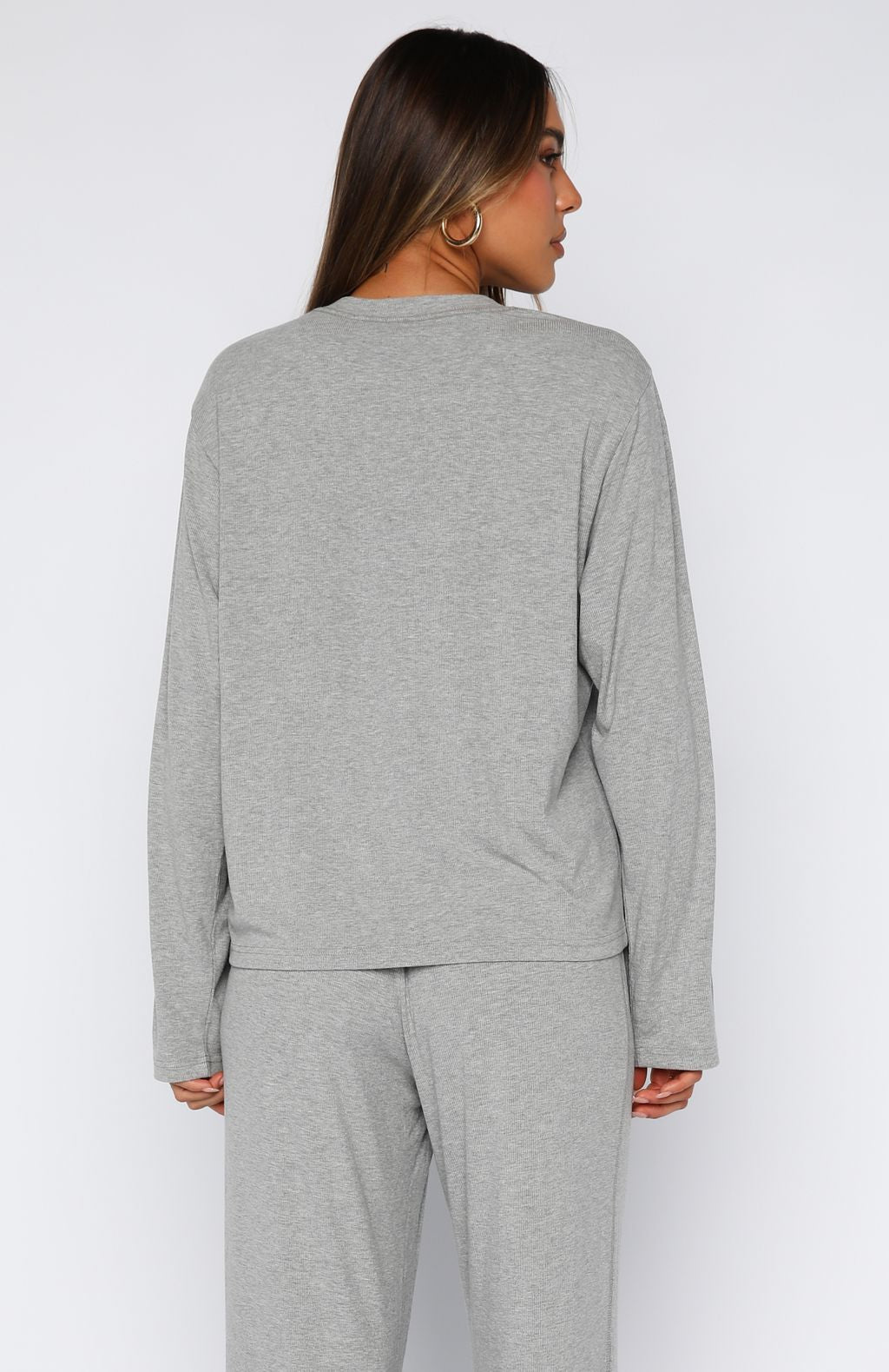 White Fox Come A Long Way Soft Lounge Long Sleeve Ribbed Tee Grey Marle