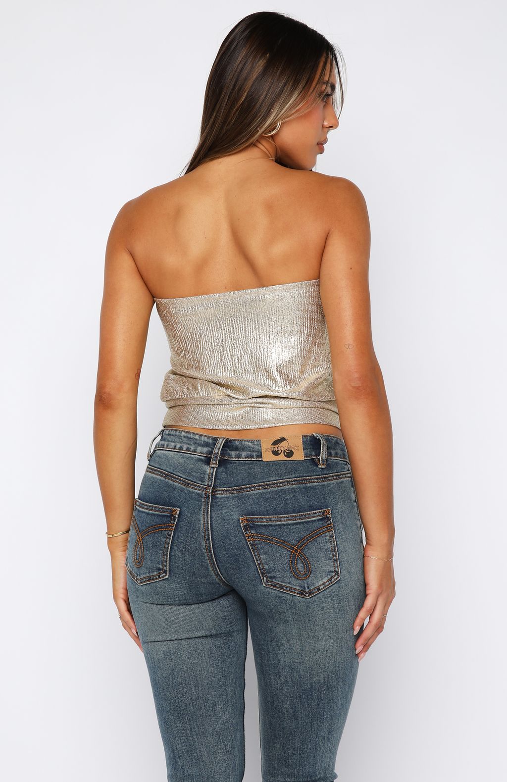 White Fox Girl Time Cinched Waist Strapless Top Champagne