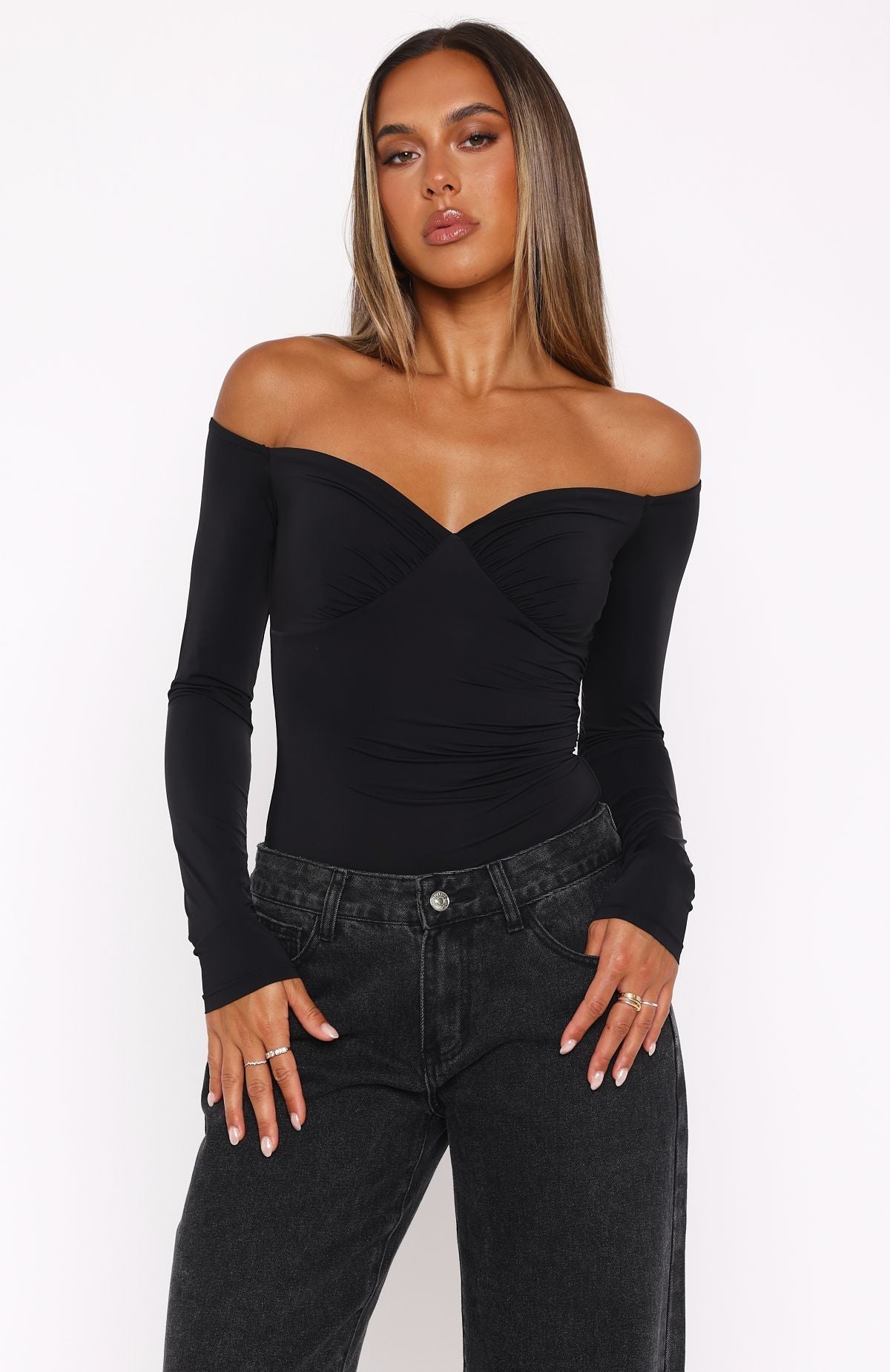 White Fox Your Muse Long Sleeve Bodysuit Black