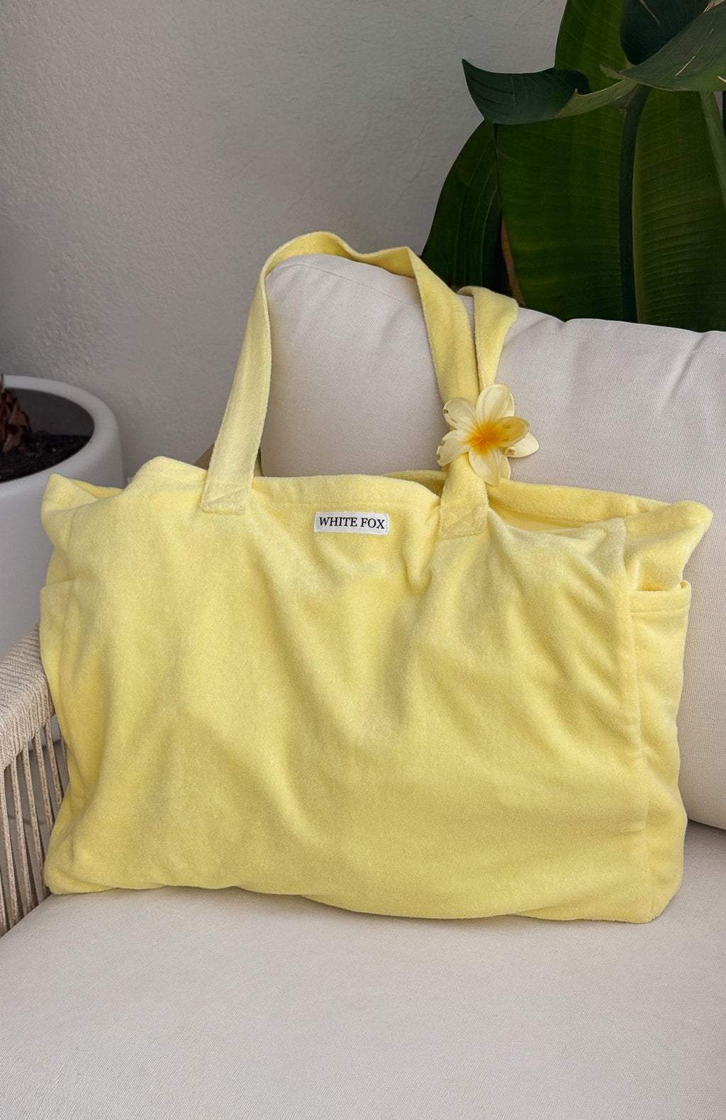 White Fox Causing Commotion Terry Tote Lemon