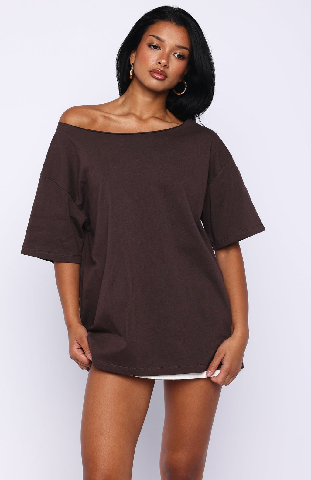 White Fox Give Me Options Off Shoulder Tee Chocolate