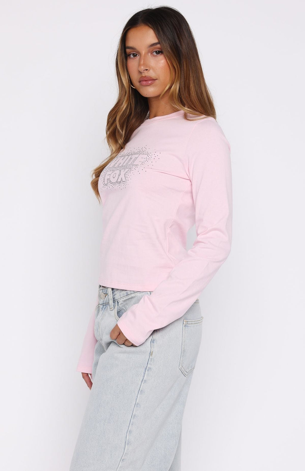 White Fox Let's Get Going Relaxed Long Sleeve Baby Tee Pink