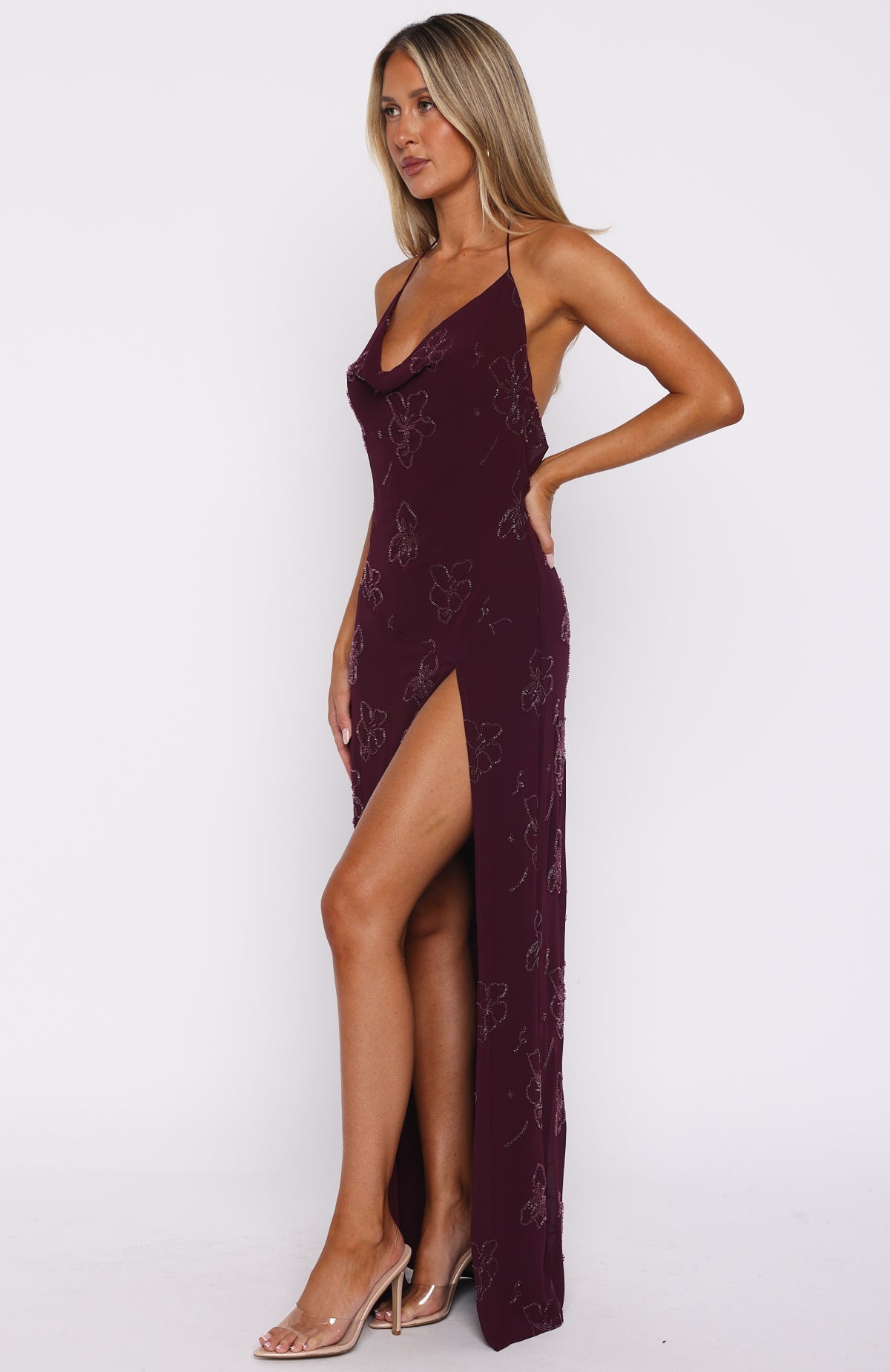 White Fox Slow Dancer Beaded Maxi Dress Deep Plum