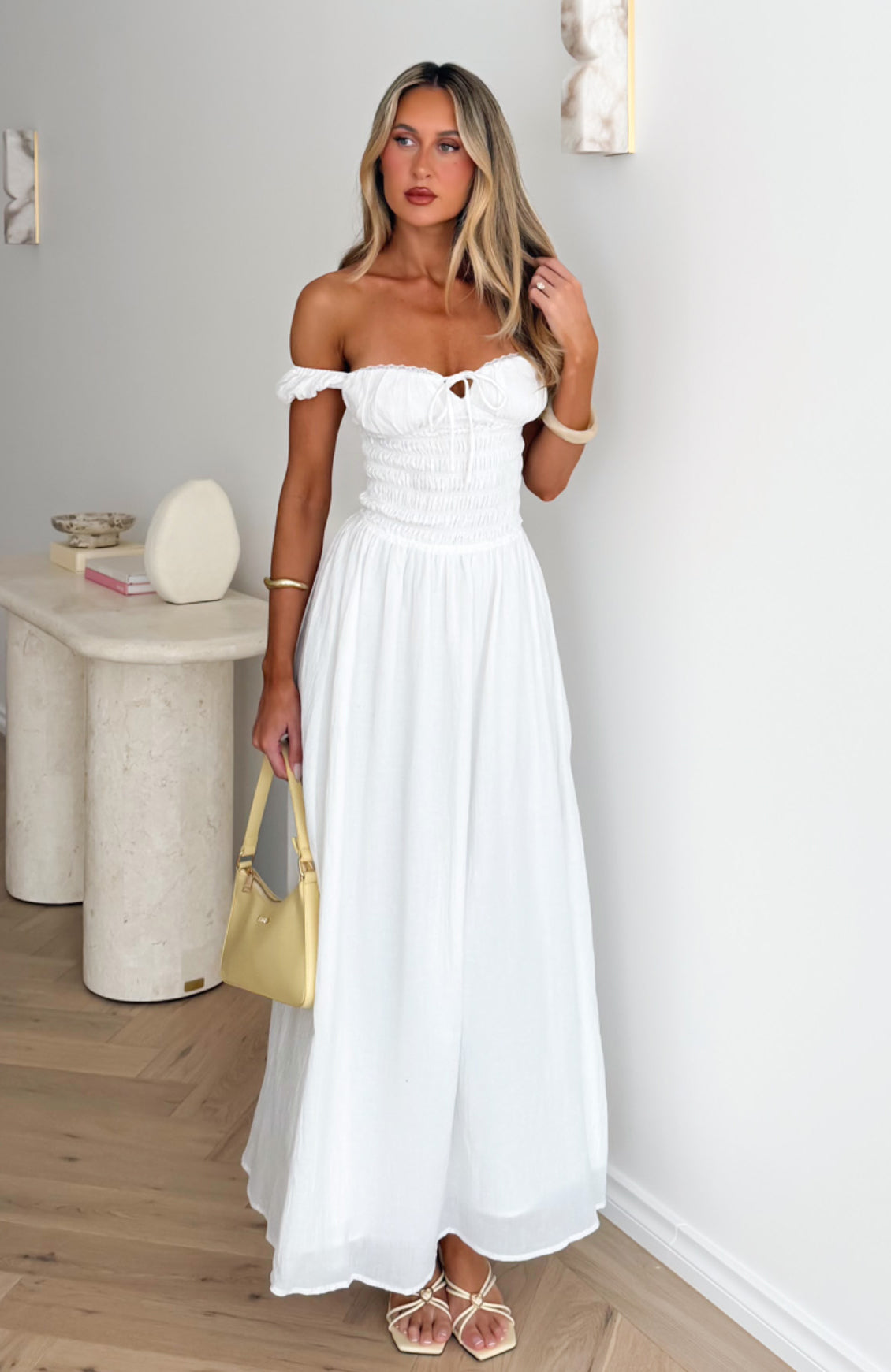 White Fox High Views Off Shoulder Maxi Dress White