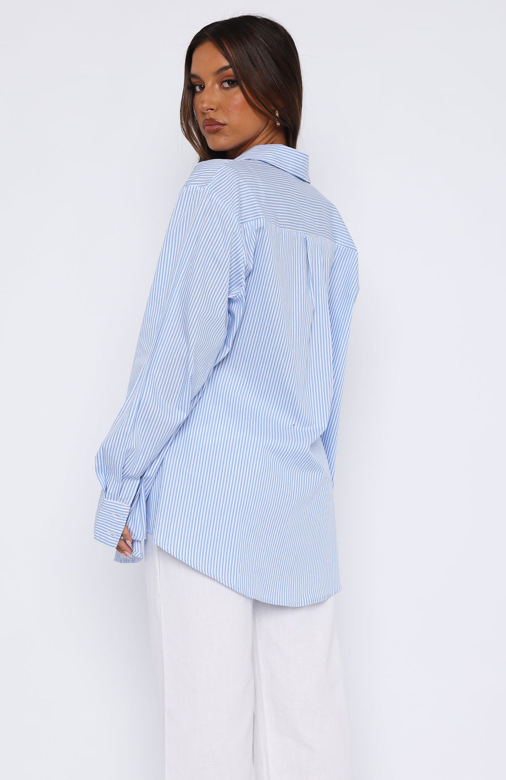 White Fox Always About Us Striped Button Up Shirt Light Blue