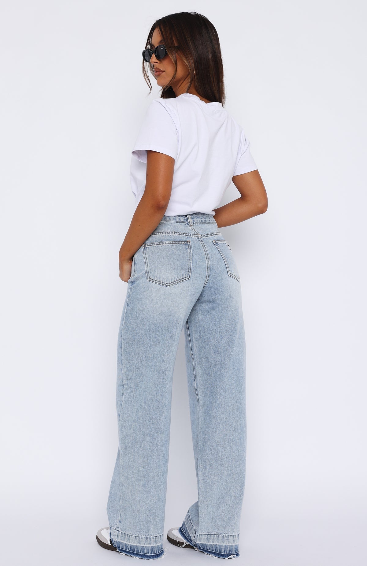 White Fox I Don't Need You Mid Rise Wide Leg Jeans Light Blue Wash