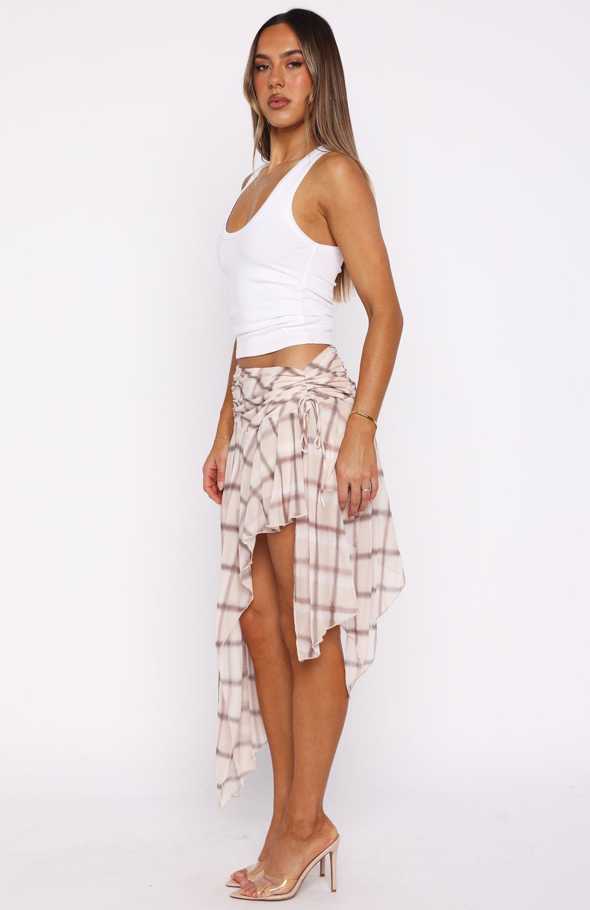 White Fox Keeping Secrets Midi Skirt Neutral Check