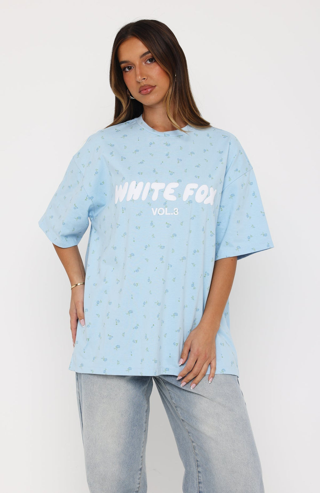 White Fox Offstage Printed Oversized Tee Blue Ditsy