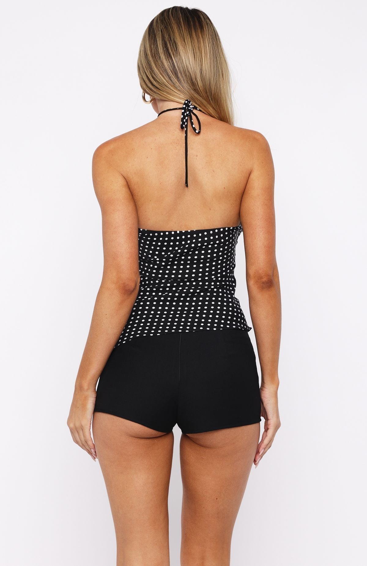 White Fox Laced Up Halter Top Black/White Polka Dot