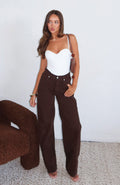 White Fox Kiara Mid Rise Barrel Leg Jeans Chocolate Wash