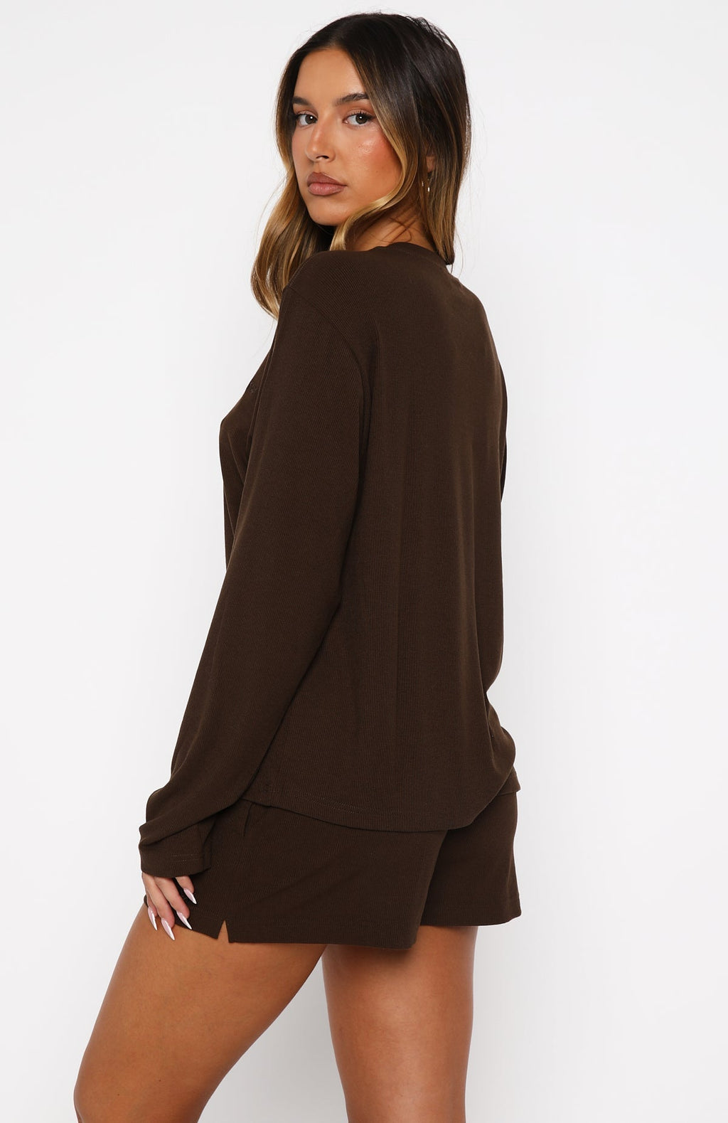 White Fox Come A Long Way Soft Lounge Ribbed Shorts Chocolate