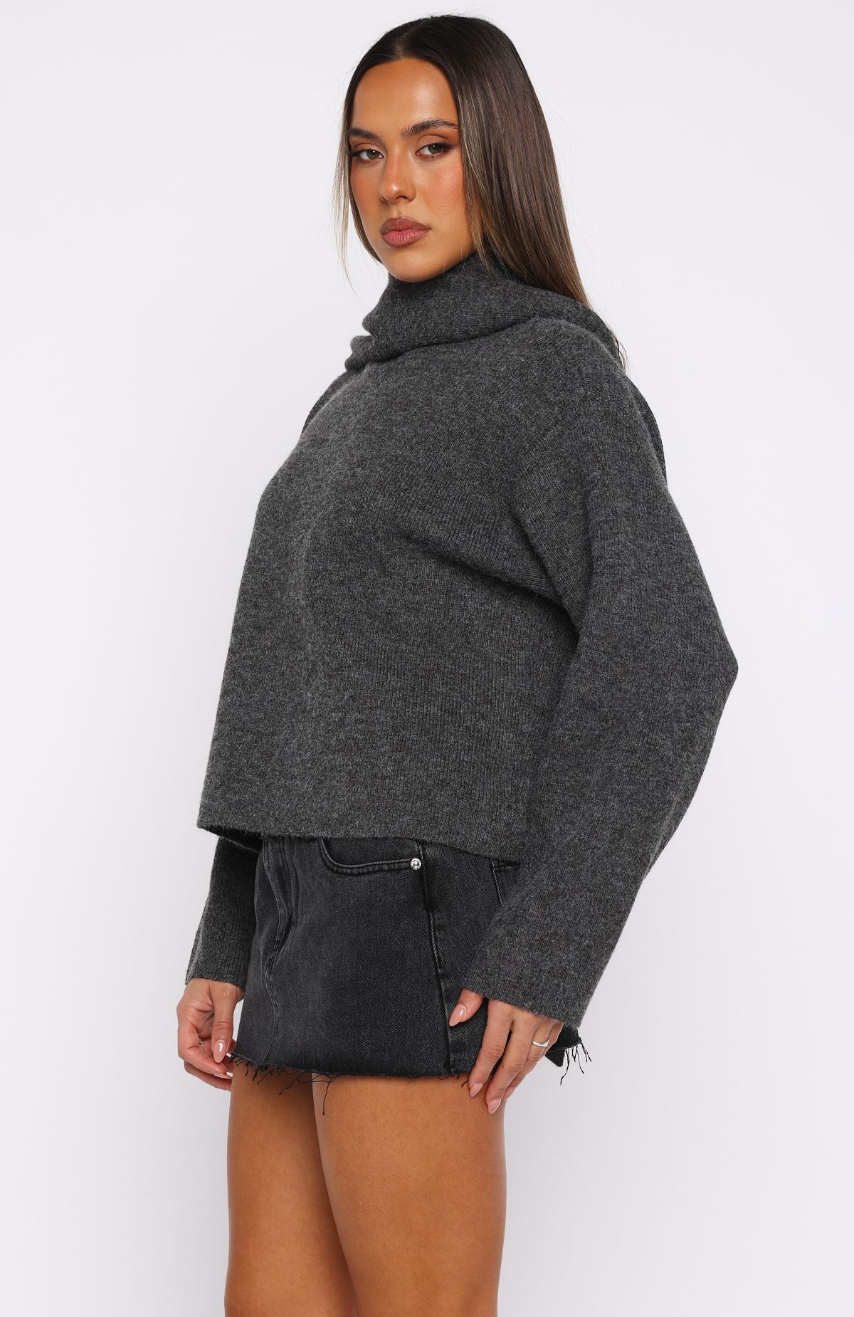 White Fox Luxe Layers Knit Sweater Charcoal