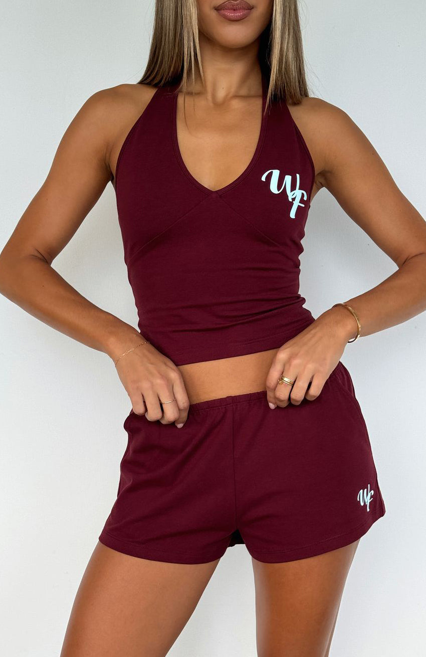 White Fox Made Me Better Relaxed Shorts Burgundy