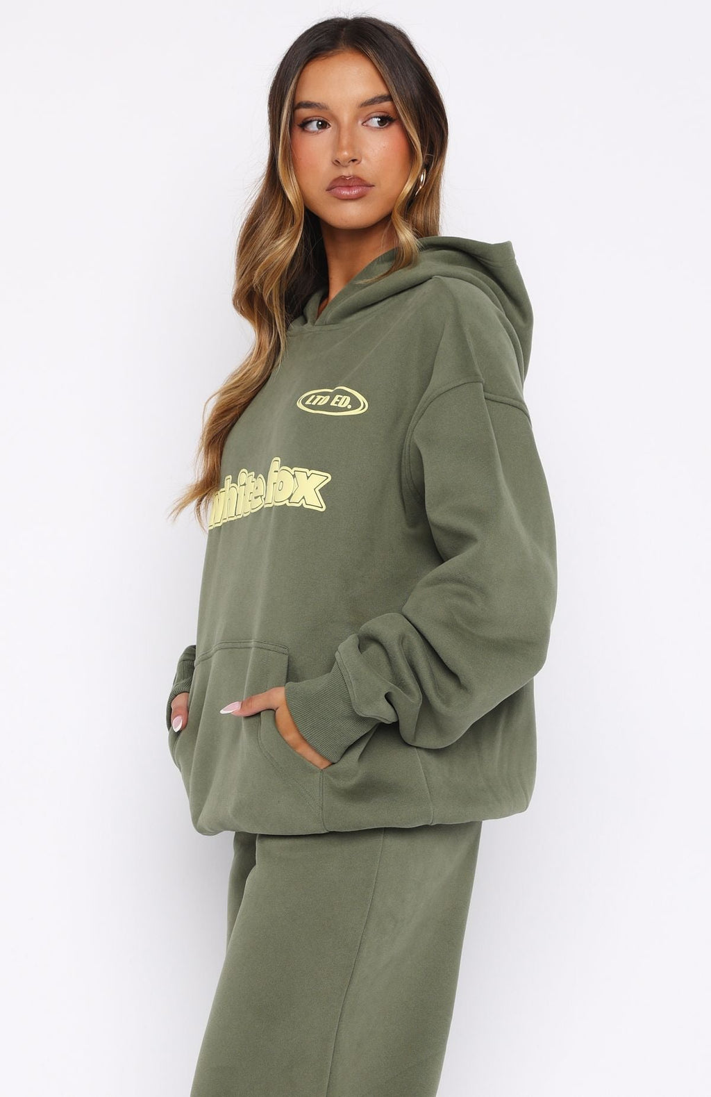 White Fox Ready To Go Oversized Hoodie Khaki
