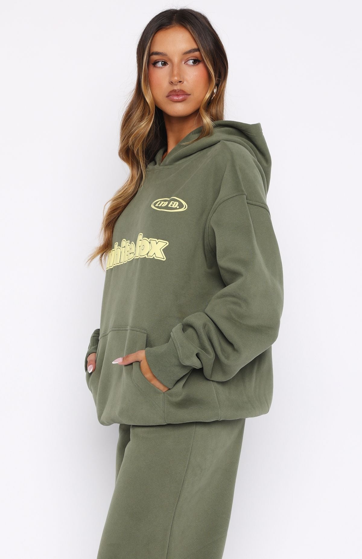 White Fox Ready To Go Oversized Hoodie Khaki