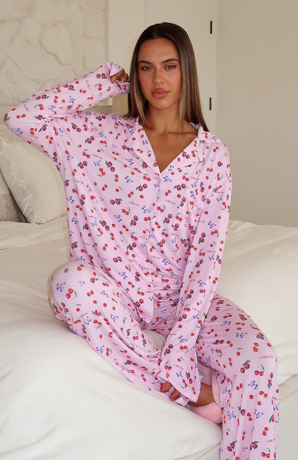 White Fox Pillow Talk Printed Long Sleeve Pyjama Set Pink Berries