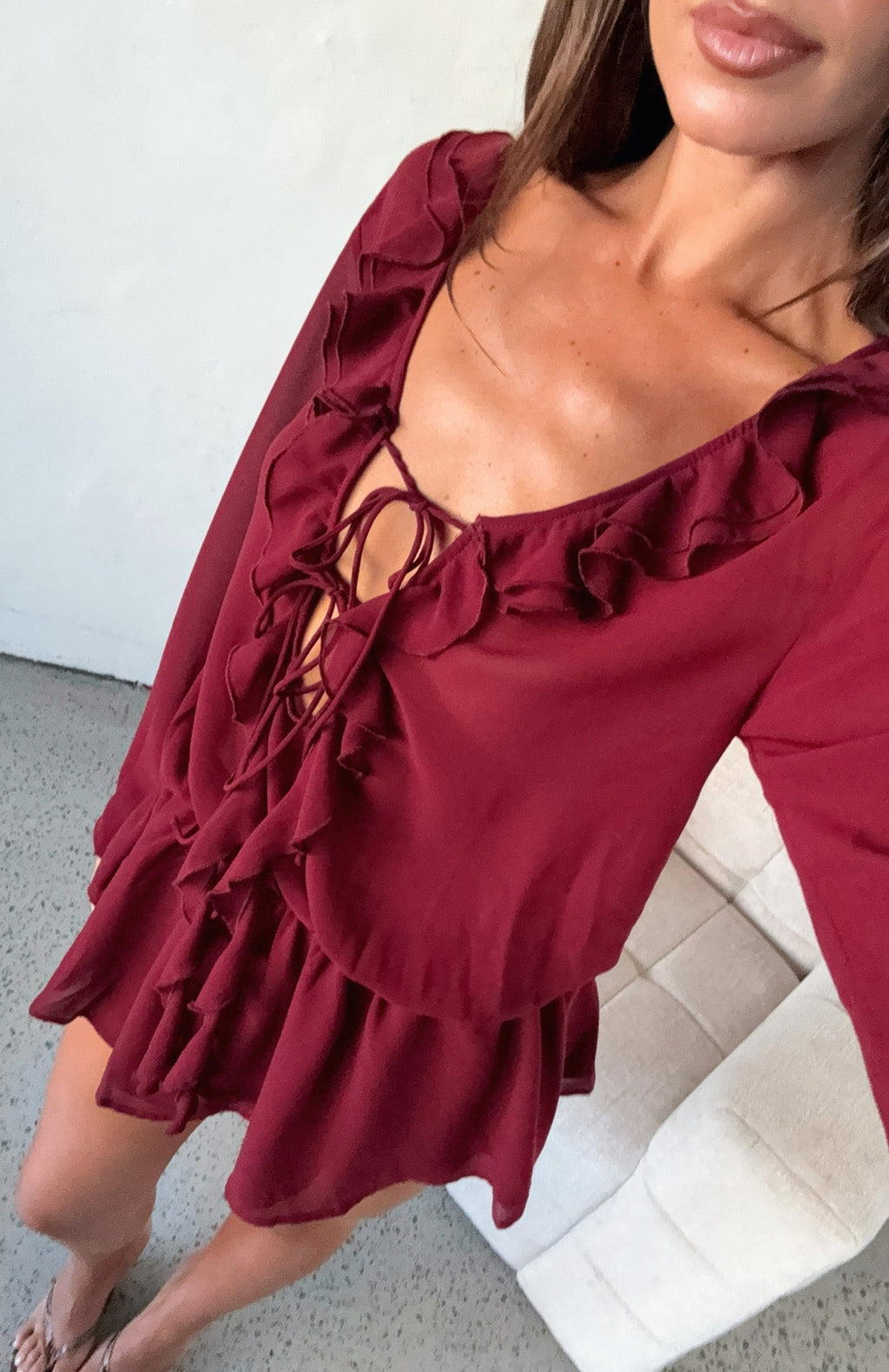 White Fox Eternal Energy Long Sleeve Mini Dress Burgundy