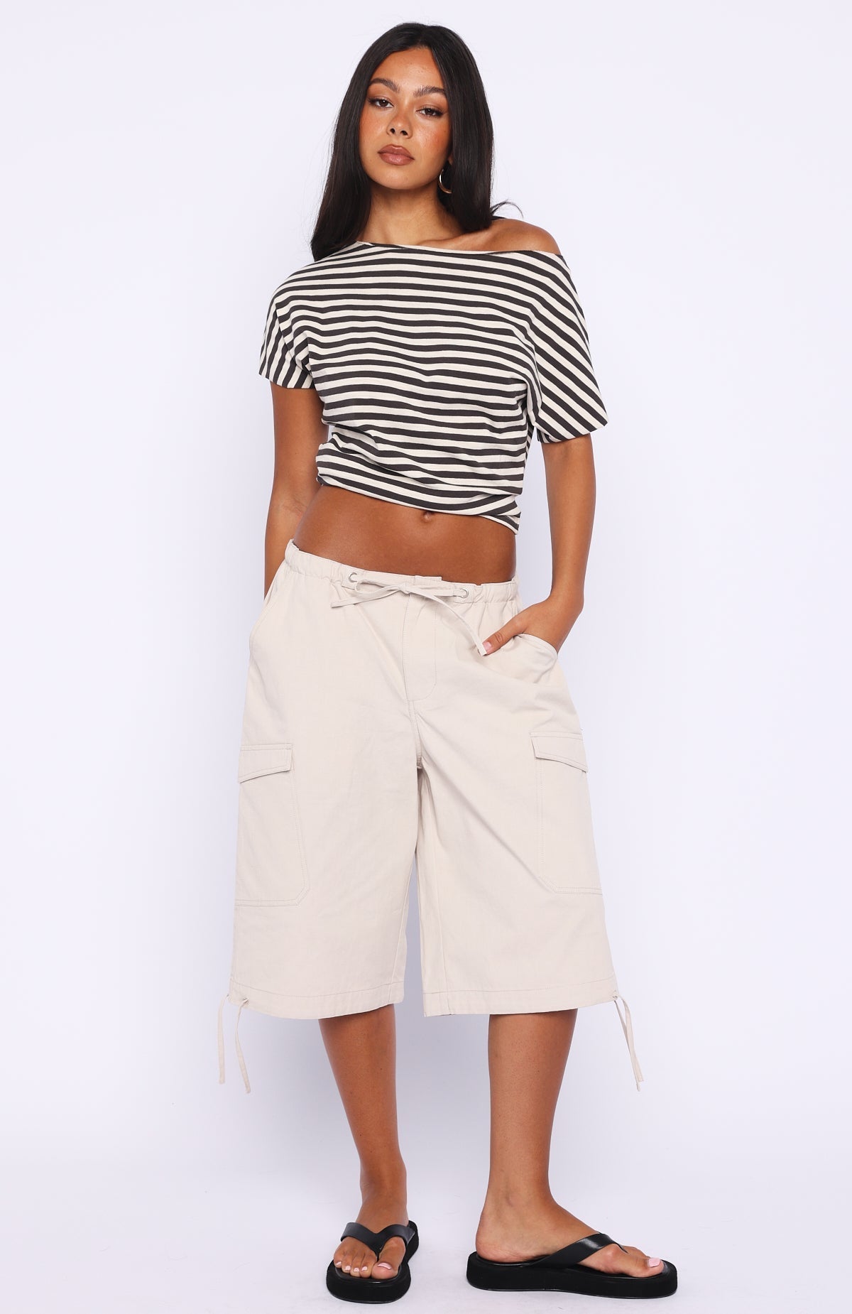White Fox Happy To Help Cinched Waist Top Charcoal Stripe
