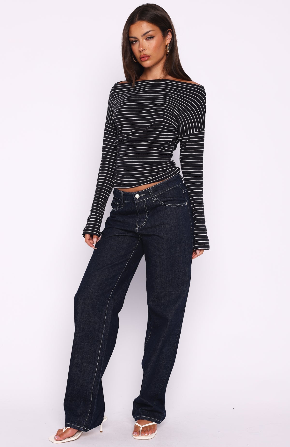 White Fox Another Time Cinched Waist Long Sleeve Top Black Stripe
