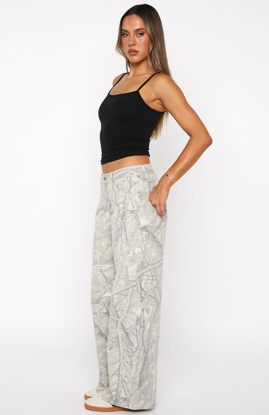 White Fox Maeve Low Rise Wide Leg Jeans Sand Camouflage