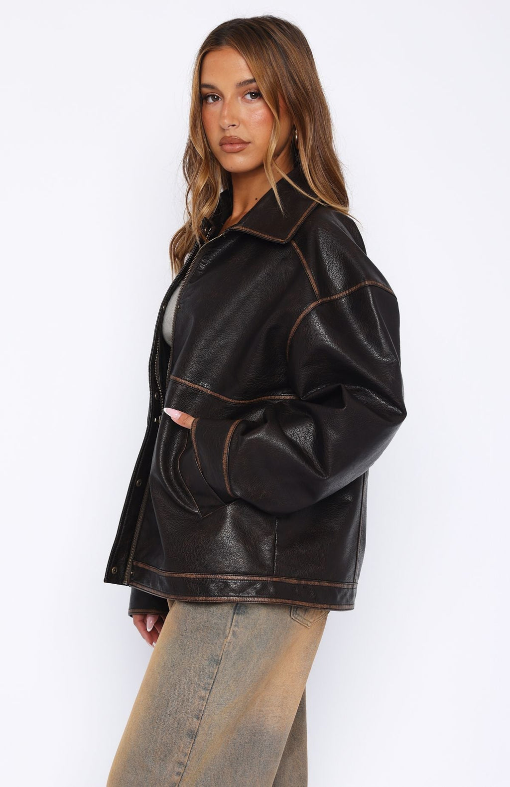 White Fox A London Girl PU Jacket Washed Chocolate