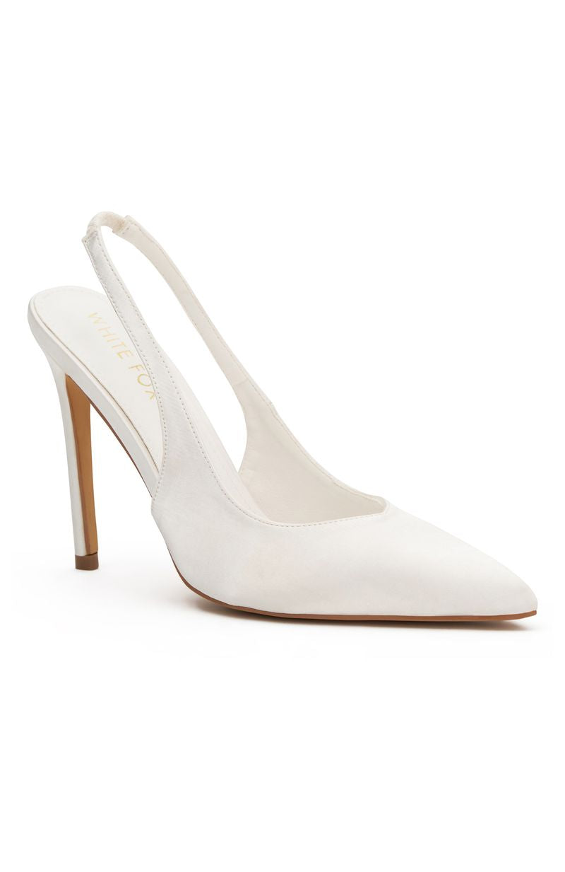White Fox Fisher Heels White Satin