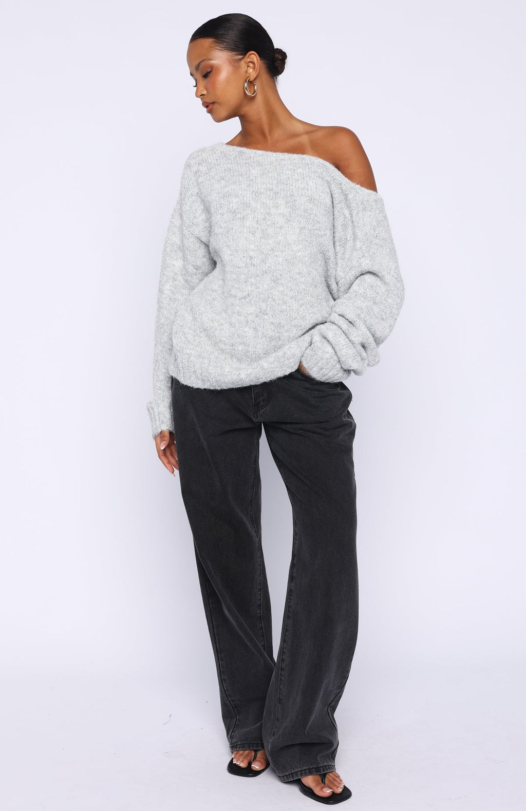 White Fox Softer Love Knit Sweater Grey Marle