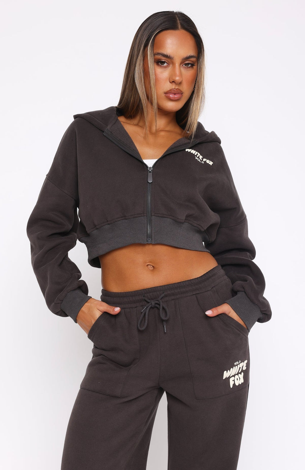 White Fox Offstage Cropped Zip Hoodie Shadow
