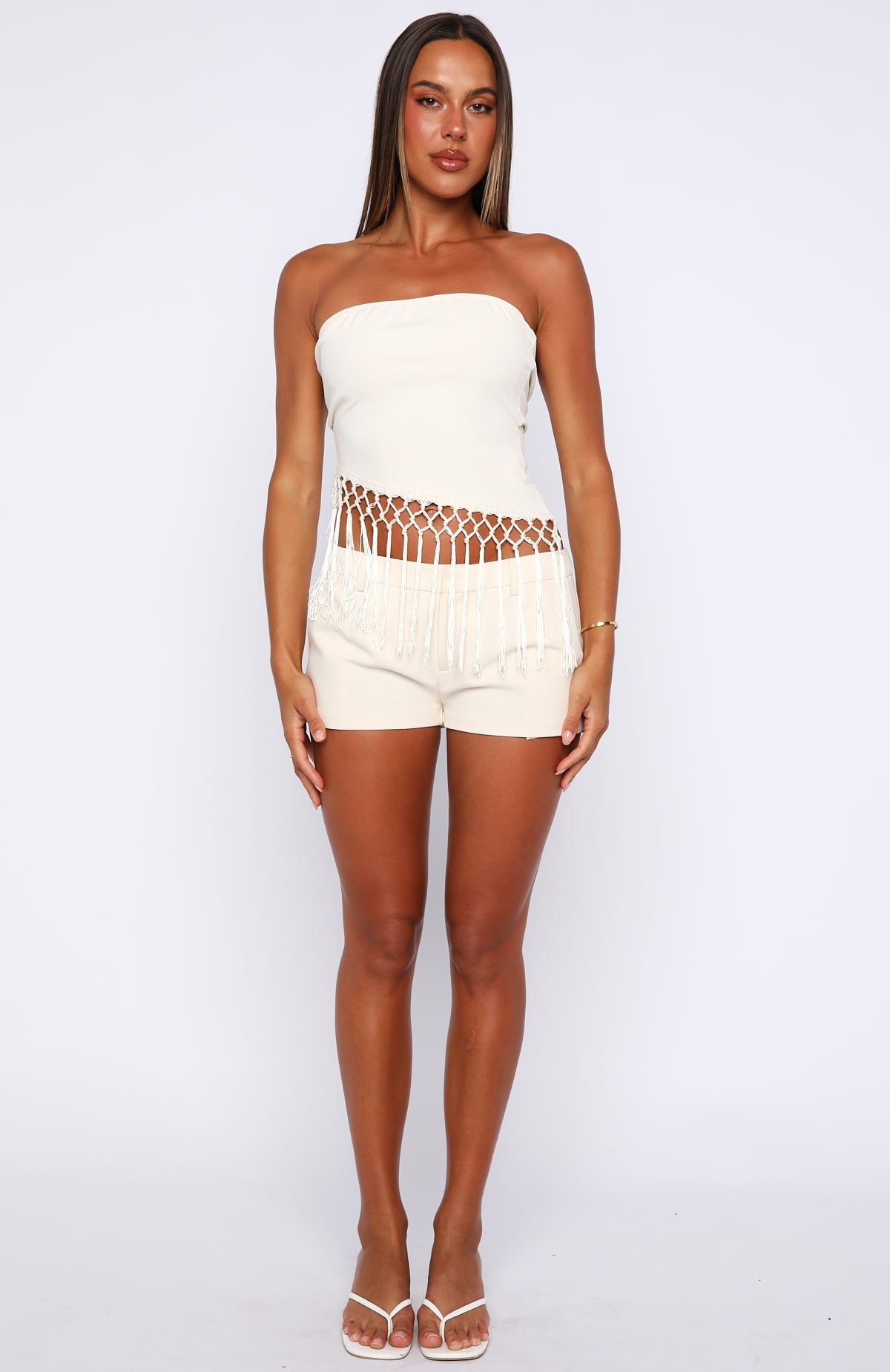 White Fox Sweet As Me Strapless Fringe Top Coconut