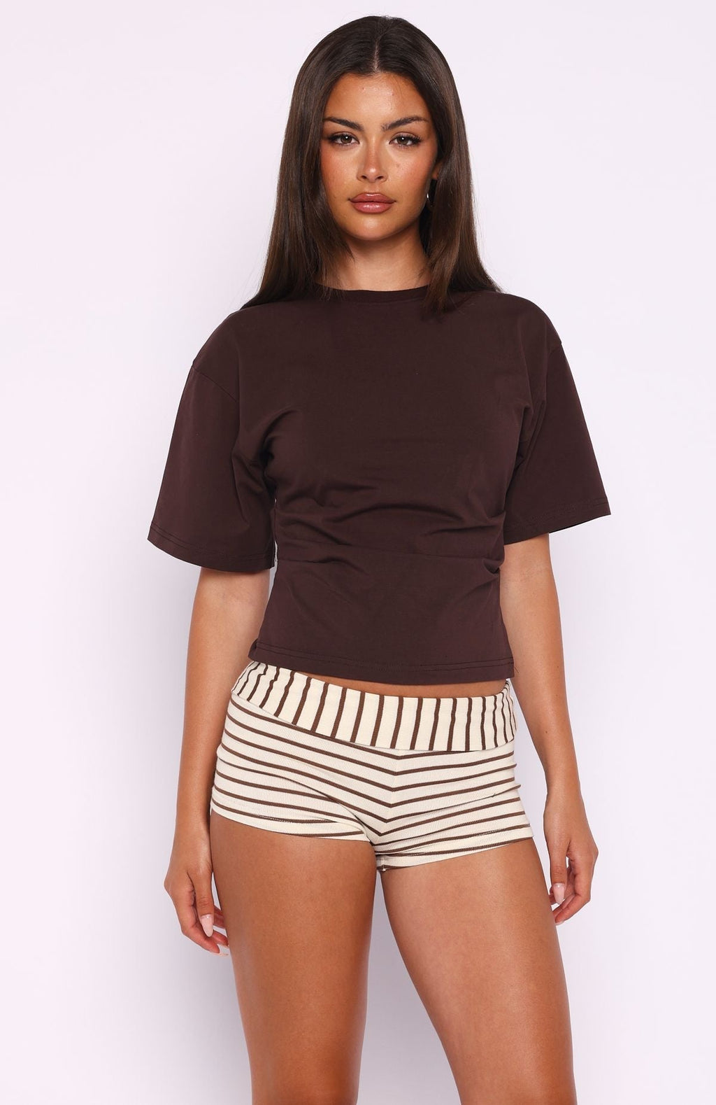 White Fox Destination Unknown Cinched Waist Boxy Tee Chocolate