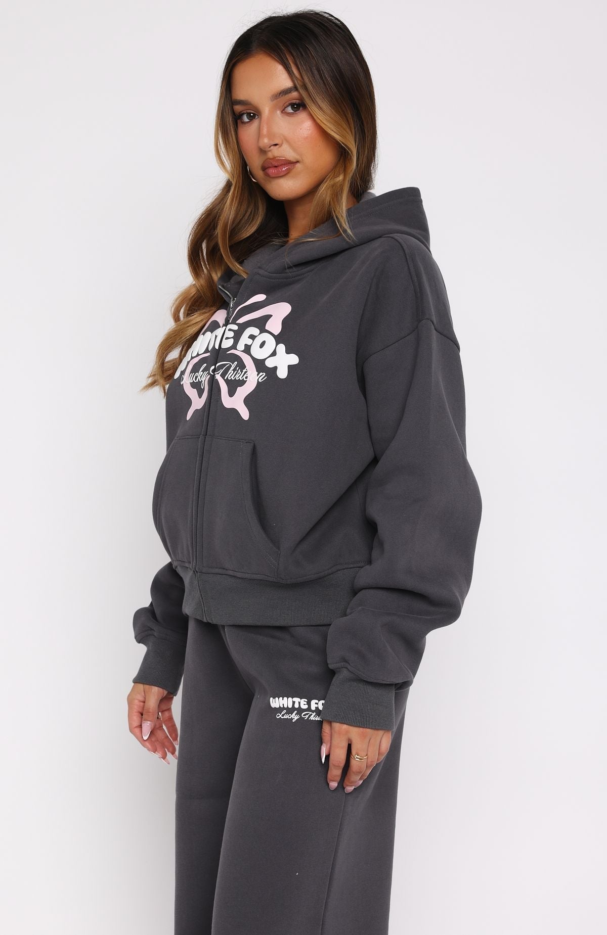 White Fox Lucky Thirteen Audrina Boxy Zip Front Hoodie Volcanic