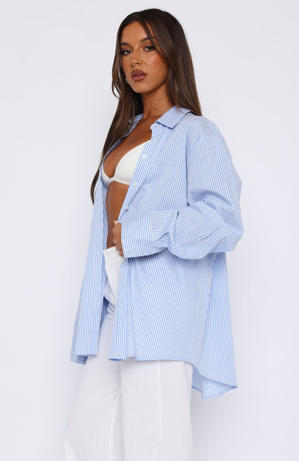 White Fox Always About Us Striped Button Up Shirt Light Blue