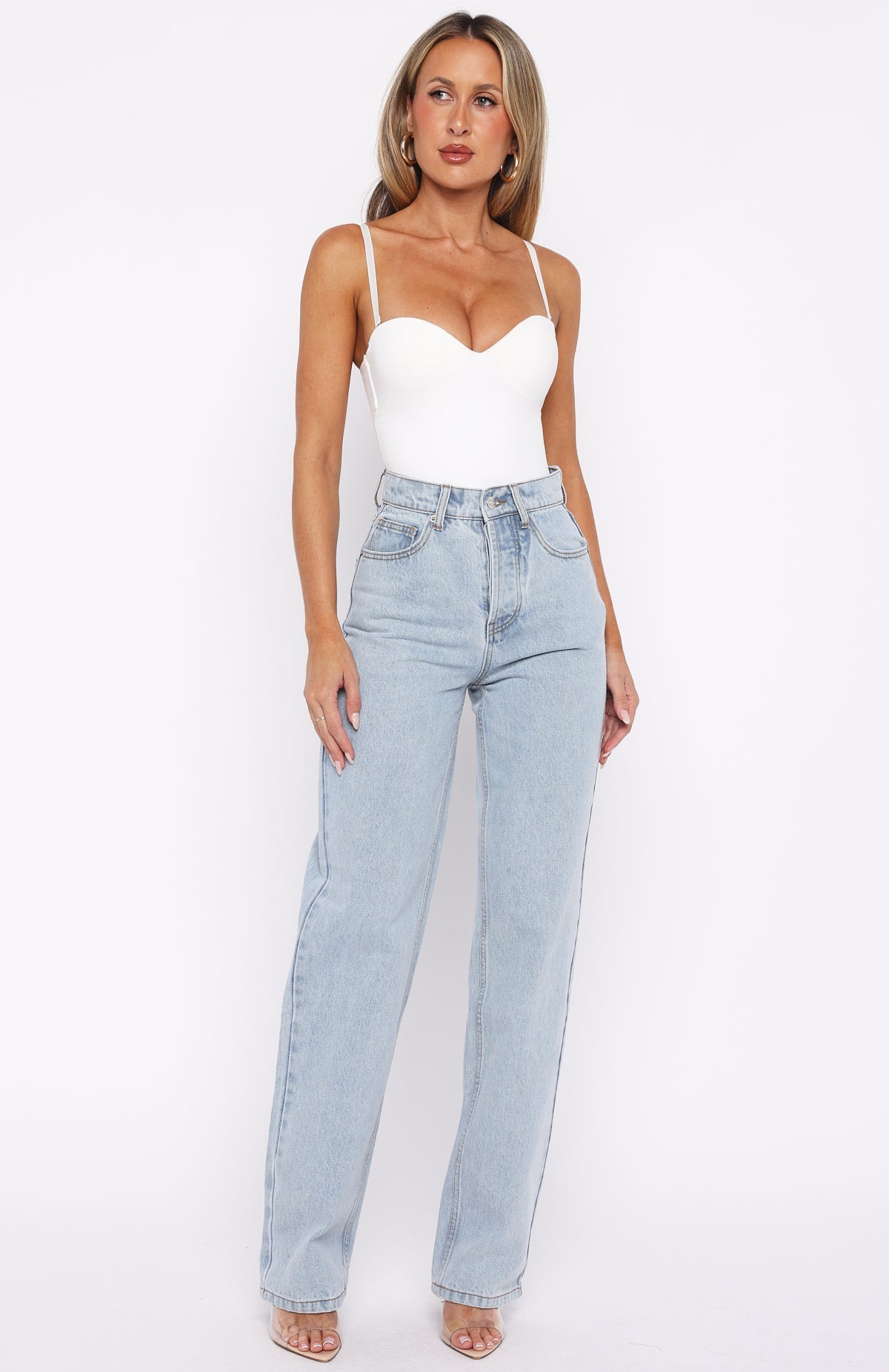 White Fox Always With Me High Rise Straight Leg Jeans Mid Blue