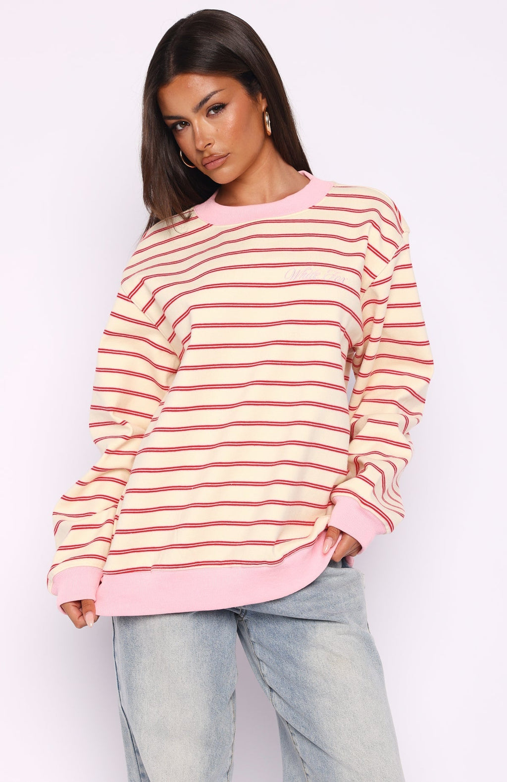 White Fox Happy Go Lucky Oversized Sweater Cream/Red Stripe