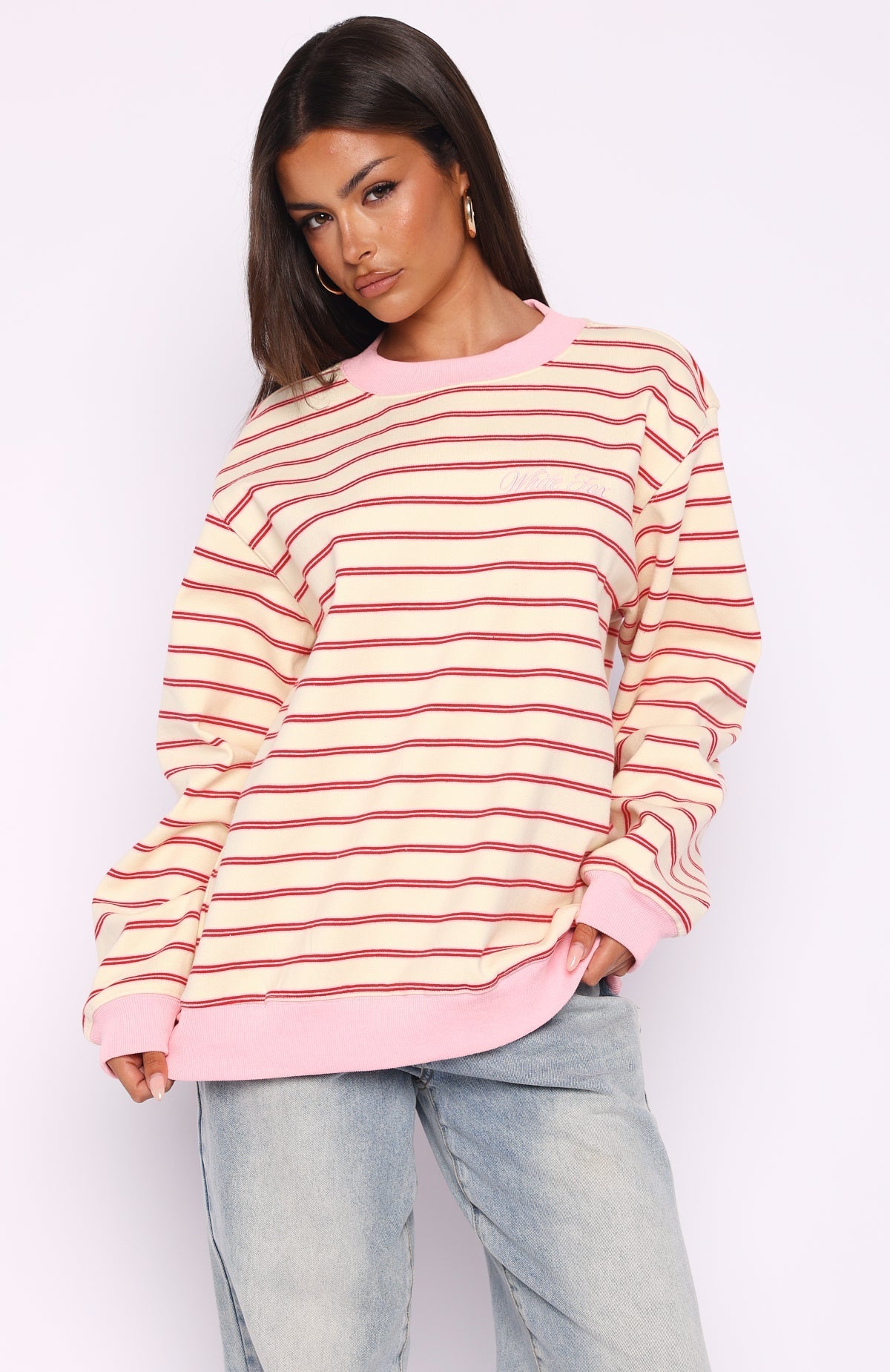 White Fox Happy Go Lucky Oversized Sweater Cream/Red Stripe