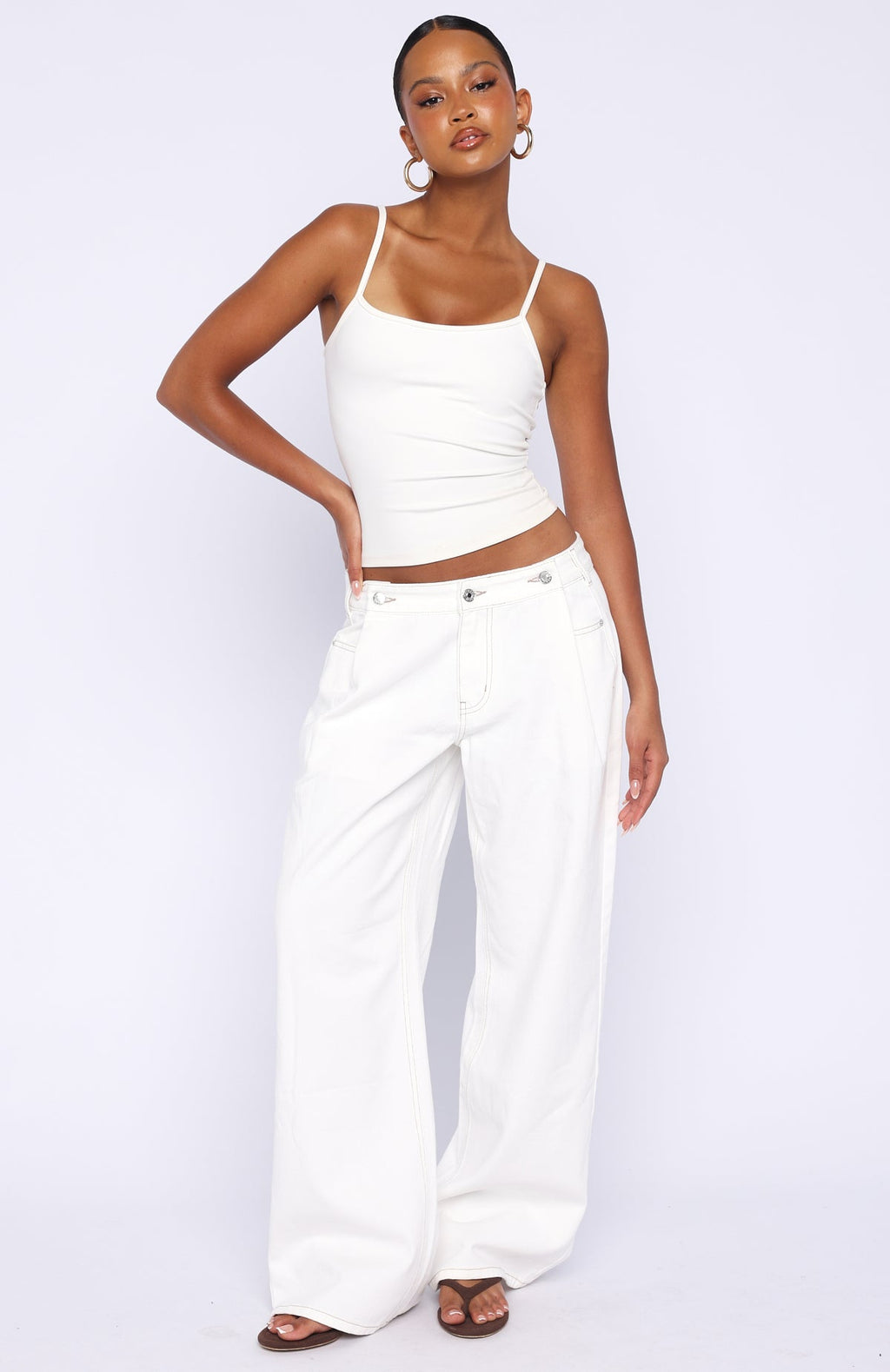 White Fox Day At A Time Low Rise Wide Leg Jeans Off White