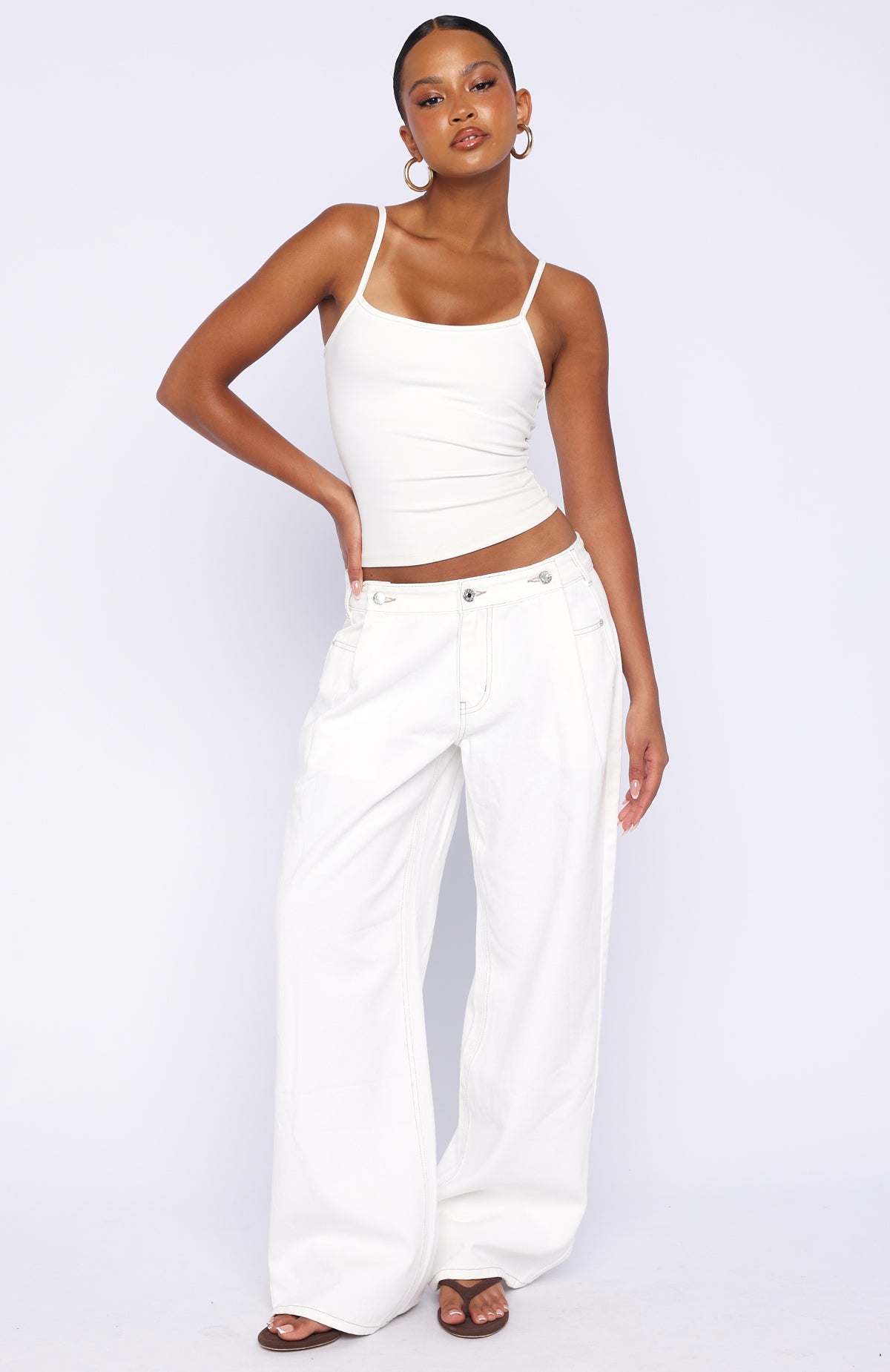 White Fox Day At A Time Low Rise Wide Leg Jeans Off White