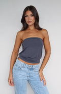 White Fox Don't Talk Cinched Waist Strapless Top Charcoal