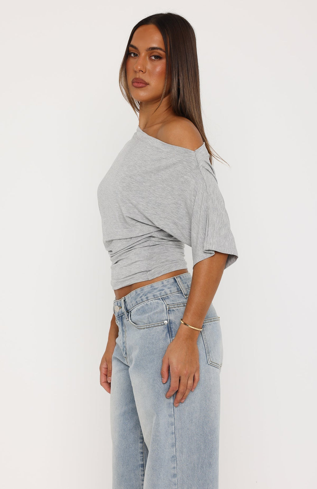White Fox Hype Girl Cinched Waist Off Shoulder Top Grey Marle