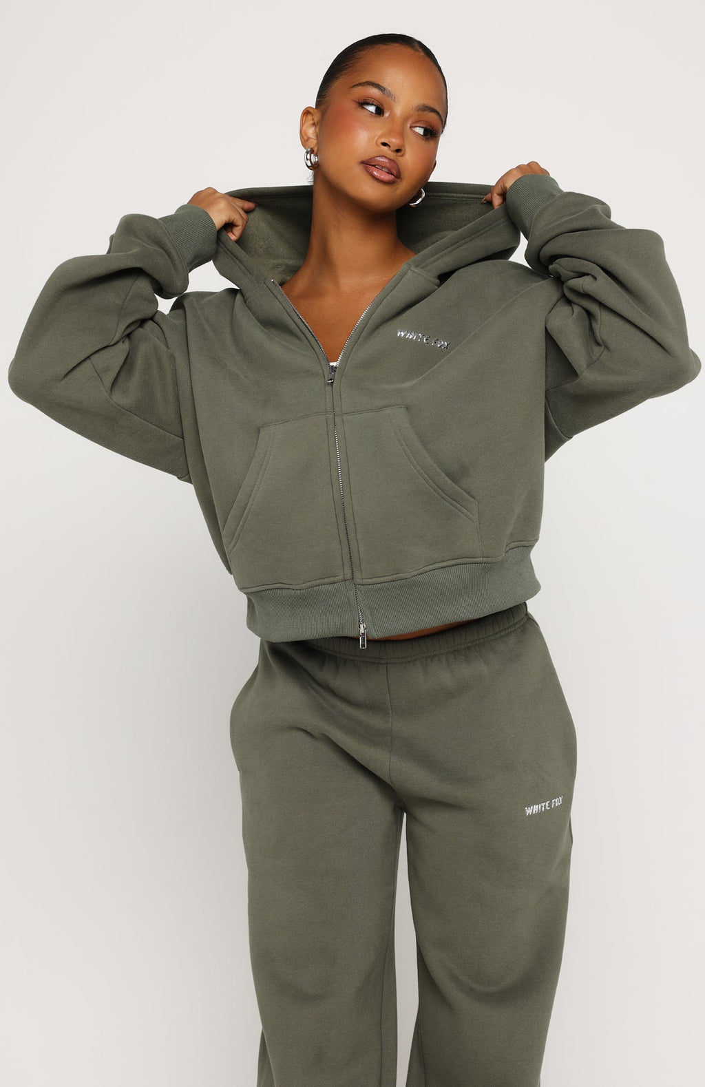 White Fox Test Drive Boxy Zip Front Hoodie Khaki