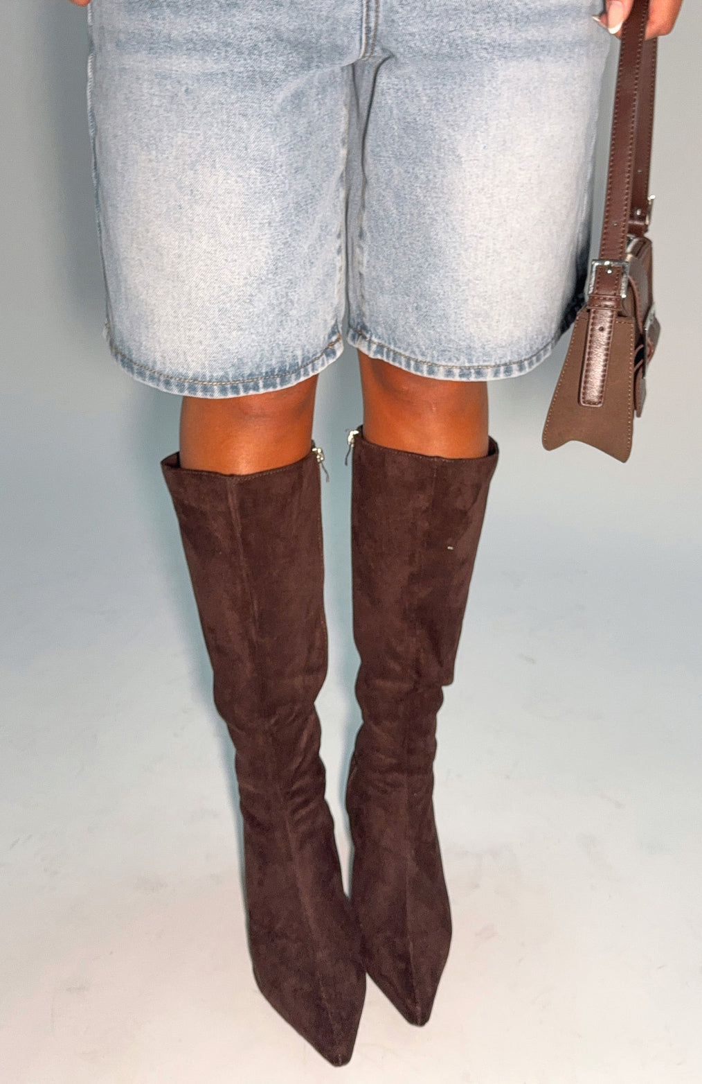 White Fox Rosalina Knee High Boots Chocolate Faux Suede