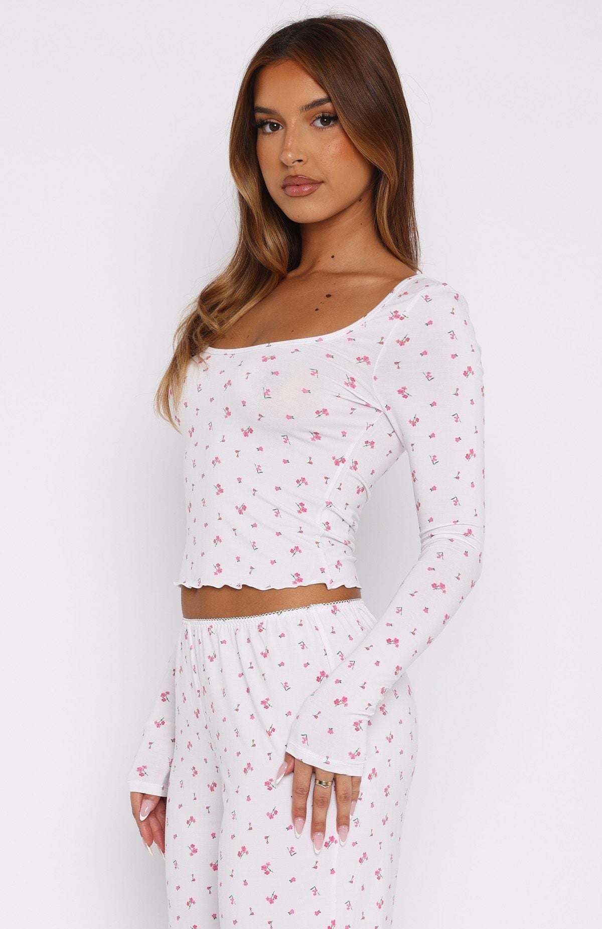 White Fox Dreamy Long Sleeve Pyjama Top Pink Blossom