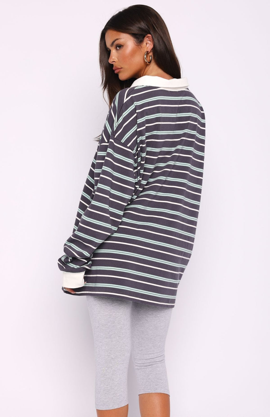 White Fox Gentle Affection Long Sleeve Rugby Shirt Grey/Mint Stripe