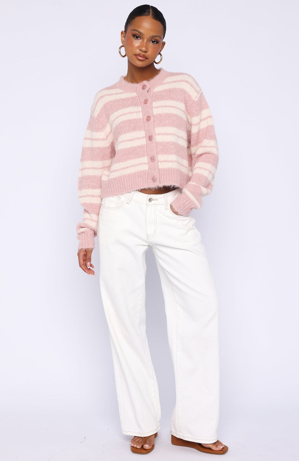 White Fox Ice Bae Stripe Knit Cardigan Strawberry Cream Stripe