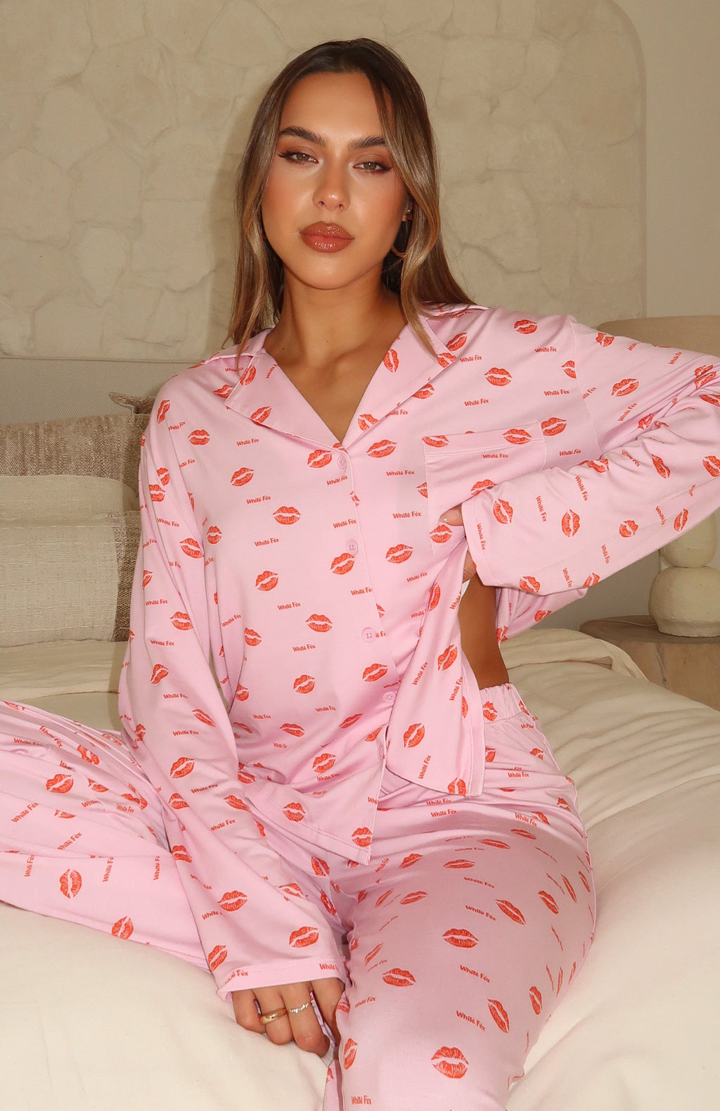 White Fox Pillow Talk Printed Long Sleeve Pyjama Set Strawberry Kisses
