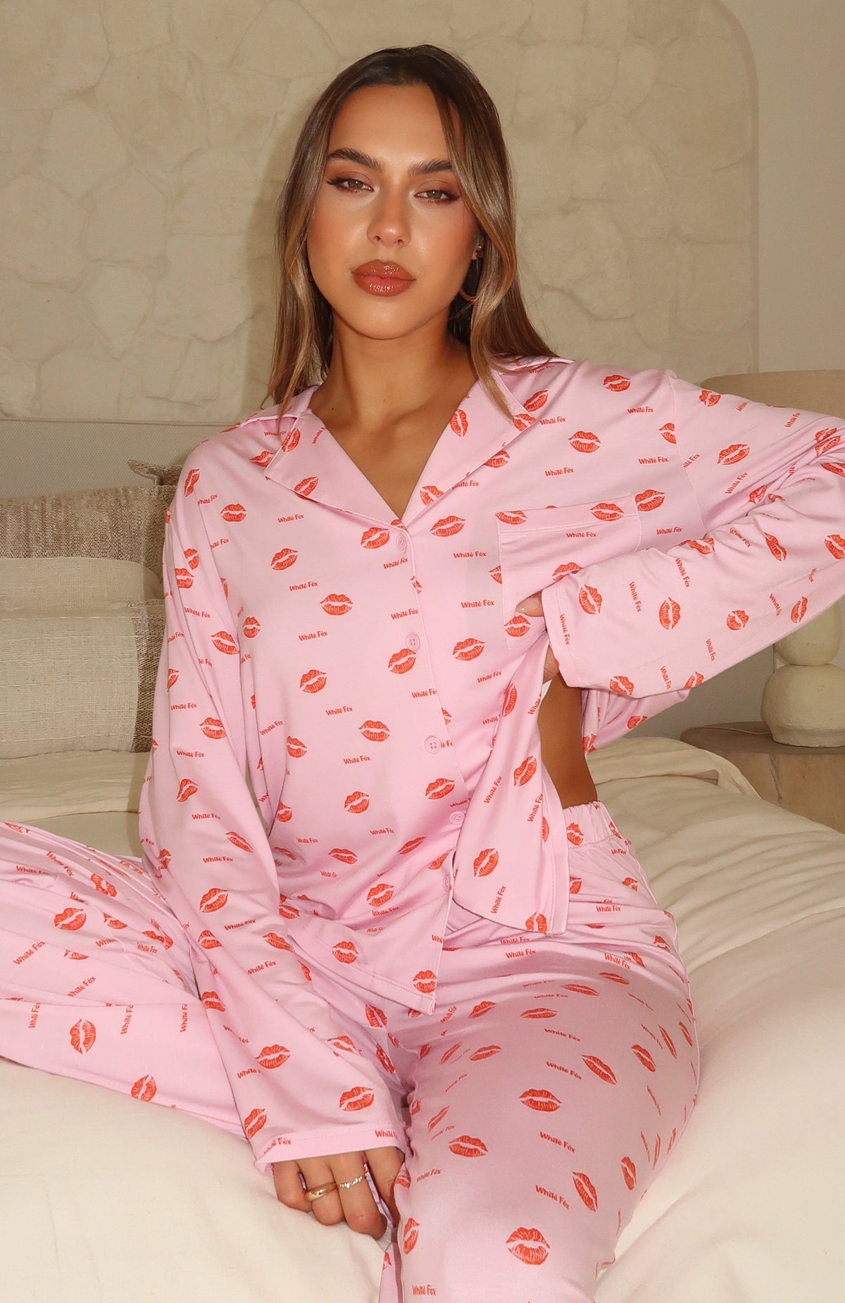 White Fox Pillow Talk Printed Long Sleeve Pyjama Set Strawberry Kisses